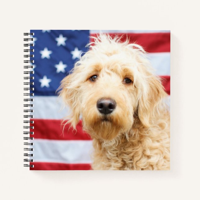 Goldendoodle With American Flag Notebook (Front)