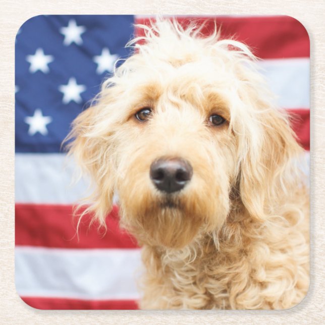 Goldendoodle With American Flag Square Paper Coaster (Front)