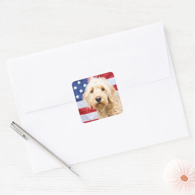 Goldendoodle With American Flag Square Sticker (Envelope)