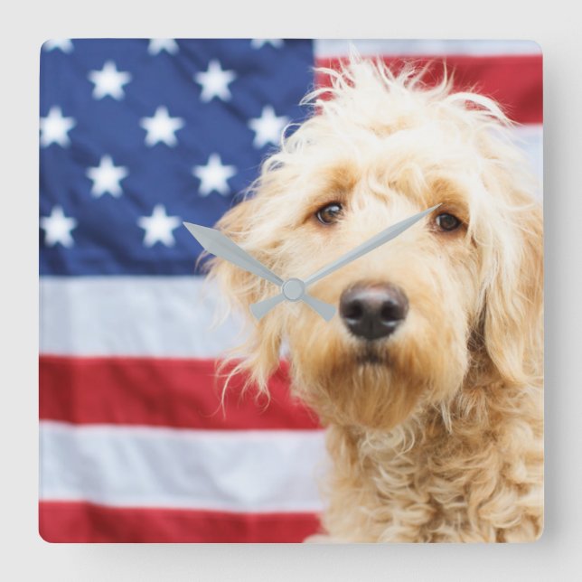 Goldendoodle With American Flag Square Wall Clock (Front)