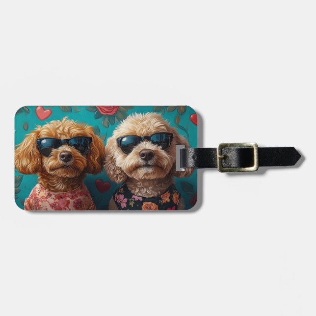 Goldendoodle With Heart Roses Valentine's Day Luggage Tag (Front Horizontal)