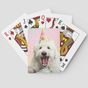 Goldendoodle With Party Hat Playing Cards
