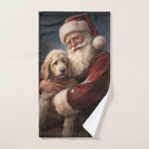 Goldendoodle With Santa Claus Festive Christmas Bath Towel Set