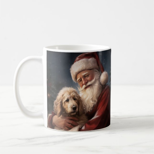Goldendoodle With Santa Claus Festive Christmas Coffee Mug (Left)
