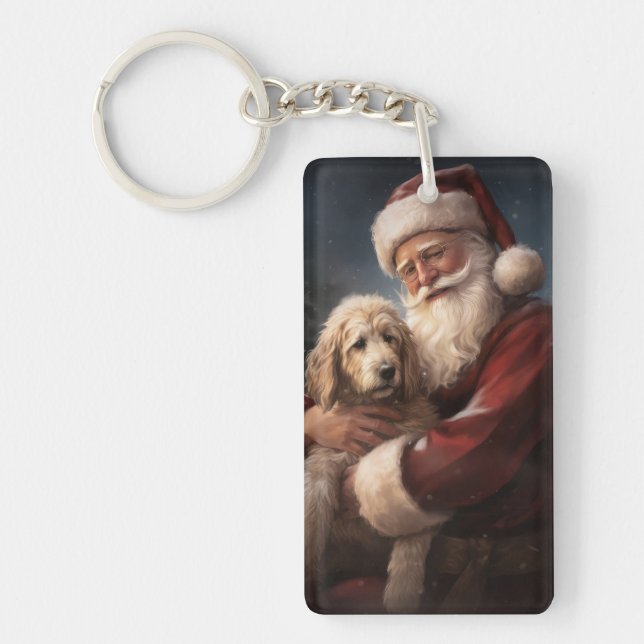 Goldendoodle With Santa Claus Festive Christmas Key Ring (Front)
