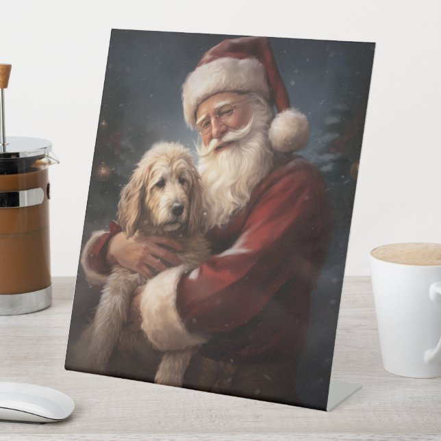 Goldendoodle With Santa Claus Festive Christmas Pedestal Sign (In SItu)