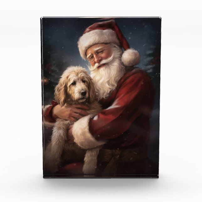 Goldendoodle With Santa Claus Festive Christmas Photo Block (Front)