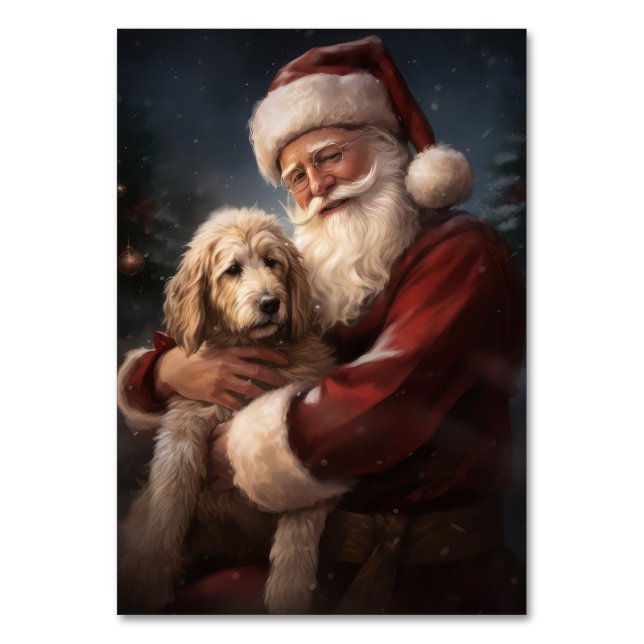 Goldendoodle With Santa Claus Festive Christmas Table Number (Front)