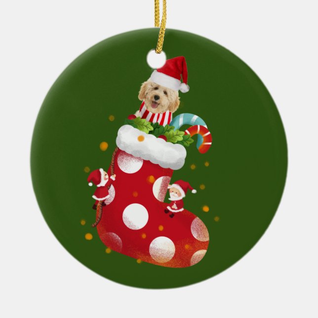 Goldendoodle With Socking Ceramic Tree Decoration (Front)