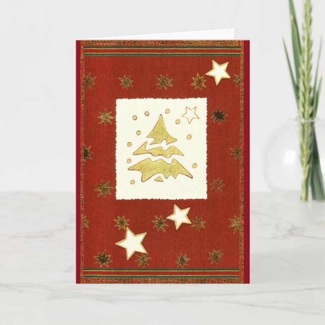 GOLDENER WEIHNACHTSBAUM ABSTRAKT auf Rot-Braun Holiday Card (Front)