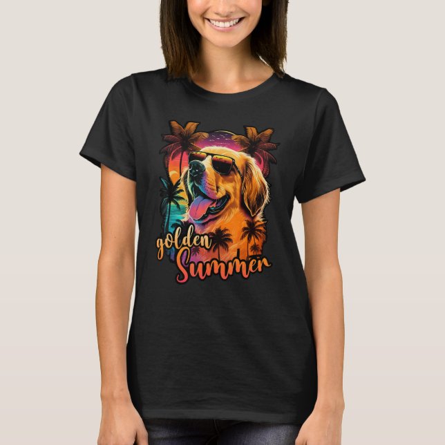 Goldenretriever Sunset with Palmtrees golden Summe T-Shirt (Front)
