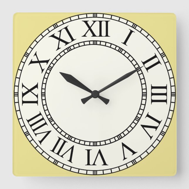 Goldenrod and Pale Yellow Roman Numeral Face Square Wall Clock (Front)
