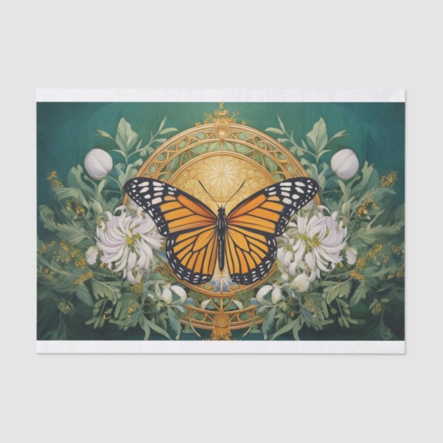 Goldenrod Dahlia Monarch Medallion on Rich Green Tissue Paper (Front)