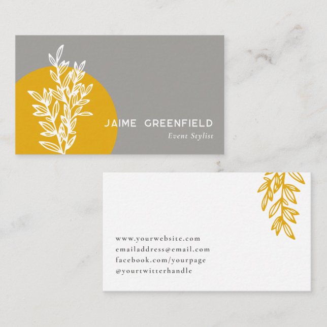 Goldenrod & Grey Greenery Line Art Business Card (Front/Back)