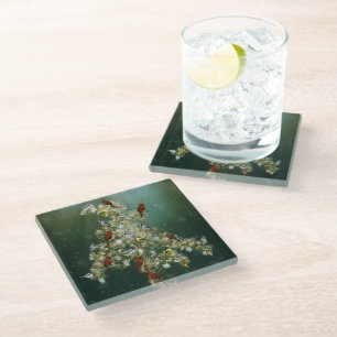 Goldenrod & Songbirds Christmas Greeting Glass Coaster