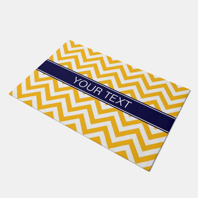 Goldenrod White LG Chevron Navy Blue Name Monogram Doormat (Angled)
