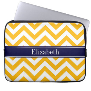 Goldenrod White LG Chevron Navy Blue Name Monogram Laptop Sleeve