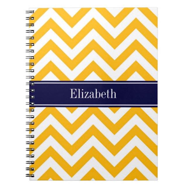 Goldenrod White LG Chevron Navy Blue Name Monogram Notebook (Front)
