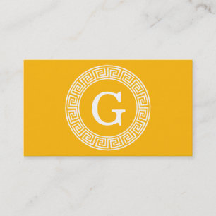 Goldenrod Wht Greek Key Rnd Frame Initial Monogram Business Card