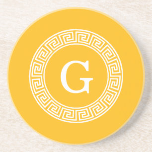 Goldenrod Wht Greek Key Rnd Frame Initial Monogram Coaster