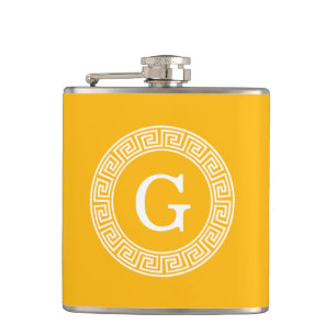 Goldenrod Wht Greek Key Rnd Frame Initial Monogram Hip Flask