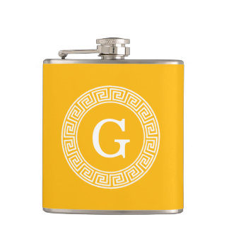 Goldenrod Wht Greek Key Rnd Frame Initial Monogram Hip Flask