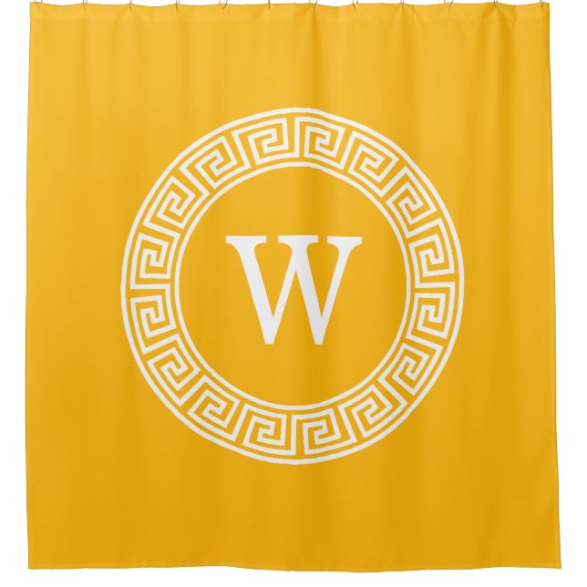 Goldenrod Wht Greek Key Rnd Frame Initial Monogram Shower Curtain (Front)
