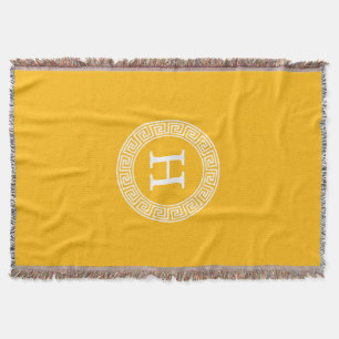 Goldenrod Wht Greek Key Rnd Frame Initial Monogram Throw Blanket