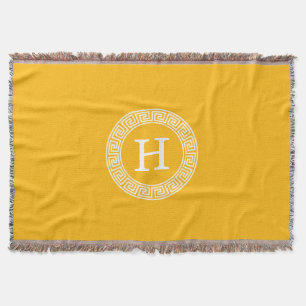 Goldenrod Wht Greek Key Rnd Frame Initial Monogram Throw Blanket