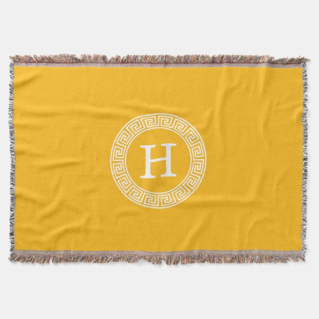 Goldenrod Wht Greek Key Rnd Frame Initial Monogram Throw Blanket (Front)