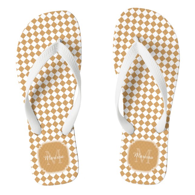 Goldenrod Yellow Chequered Monogram With Name Flip Flops (Footbed)