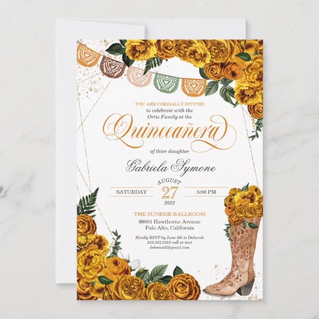 Goldenrod Yellow Roses Charra Cowgirl Quinceañera Invitation (Front)
