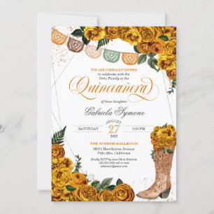 Goldenrod Yellow Roses Charra Cowgirl Quinceañera Invitation