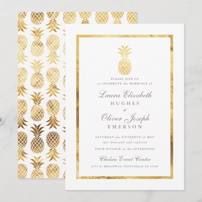 GoldenTropical Pineapple Gold Wedding Invitations (Front/Back)
