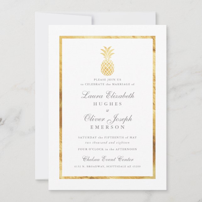 GoldenTropical Pineapple Gold Wedding Invitations (Front)