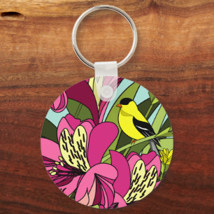 Goldfinch and Peruvian Lily Flower Key Ring