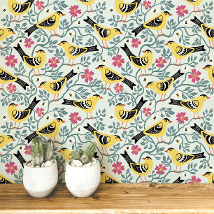 Goldfinch and Prairie Rose Bird Flower Wallpaper