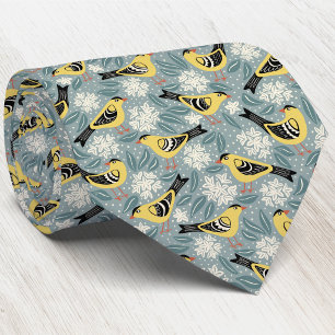 Goldfinch and Rhododendron Bird Flower Block Print Tie