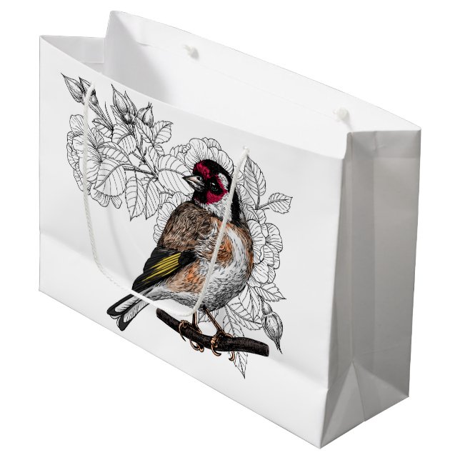 Goldfinch and roses large gift bag (Front Angled)