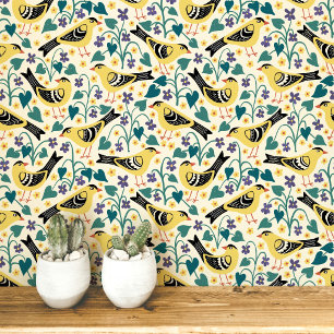 Goldfinch and Wood Violet Bird Flower Wallpaper