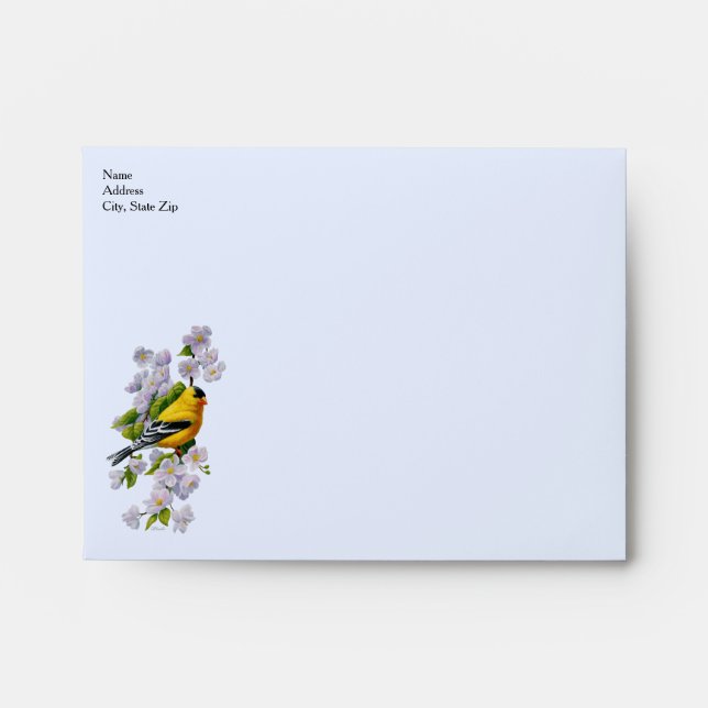Goldfinch Bird and Apple Blossoms Blue Envelope (Front)