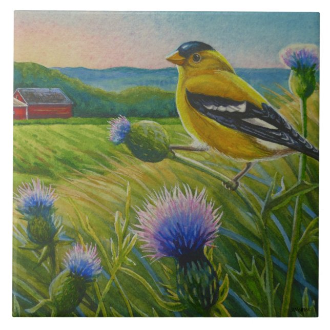 Goldfinch Bird Thistles Summer Farm Watercolor Art Tile (Front)