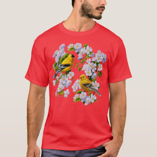 Goldfinch Birds and Apple Blossom Flowers T-Shirt