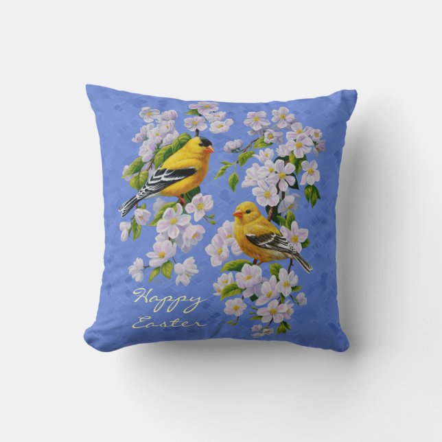 Goldfinch Birds and Flowers Blue Cushion (Front)