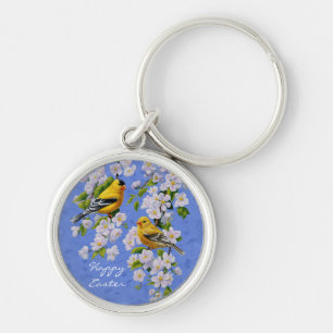Goldfinch Birds and Flowers Blue Key Ring