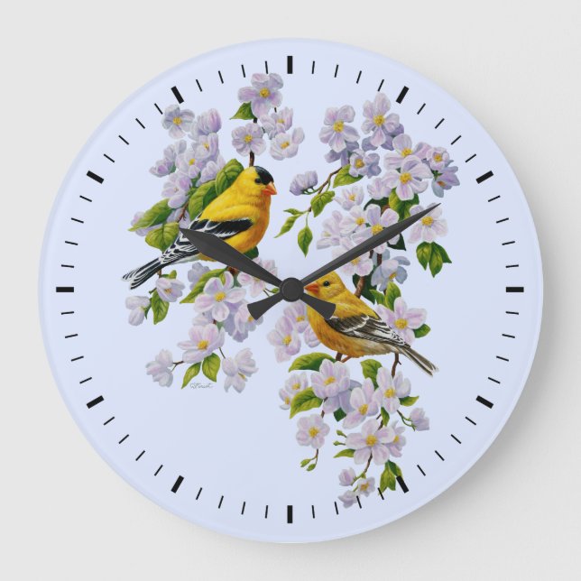 Goldfinch Birds and Flowers Blue Large Clock (Front)