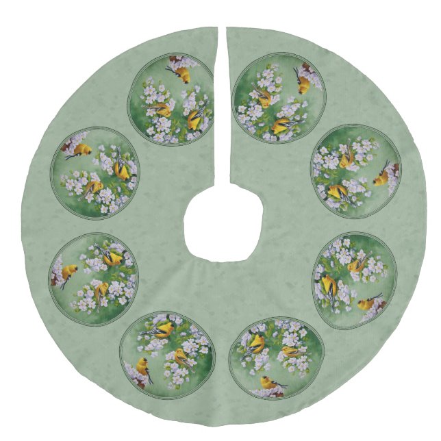 Goldfinch Birds and Flowers Green Faux Linen Tree Skirt (Front)