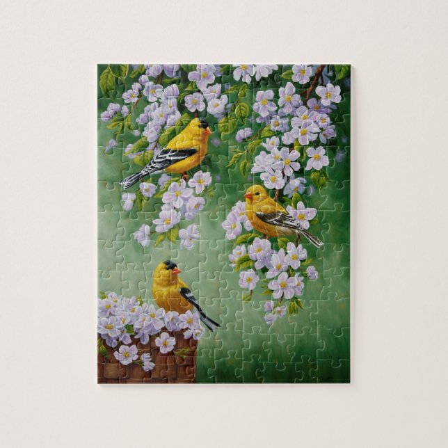 Goldfinch Birds & Apple Blossom Flowers Jigsaw Puzzle (Vertical)