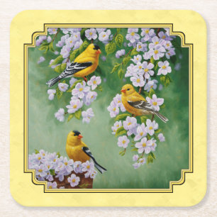 Goldfinch Birds & Apple Blossoms Yellow Square Paper Coaster