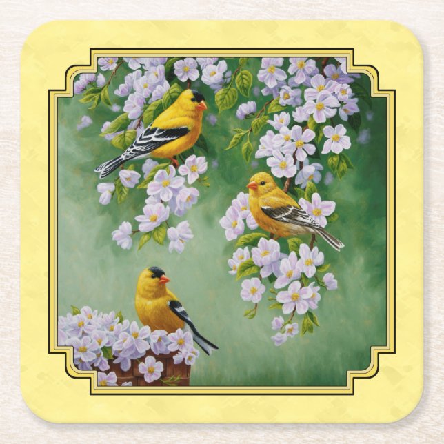 Goldfinch Birds & Apple Blossoms Yellow Square Paper Coaster (Front)